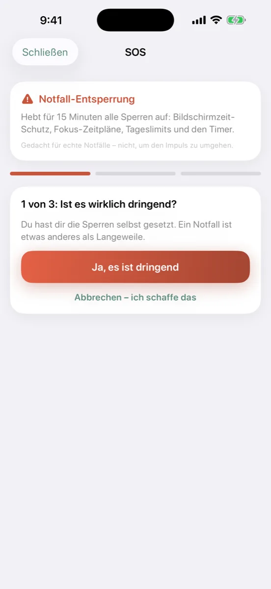 Der Notausstieg für echte Ausnahmesituationen: eine dreifache Bestätigung schaltet alle Sperren für 5 Minuten frei.