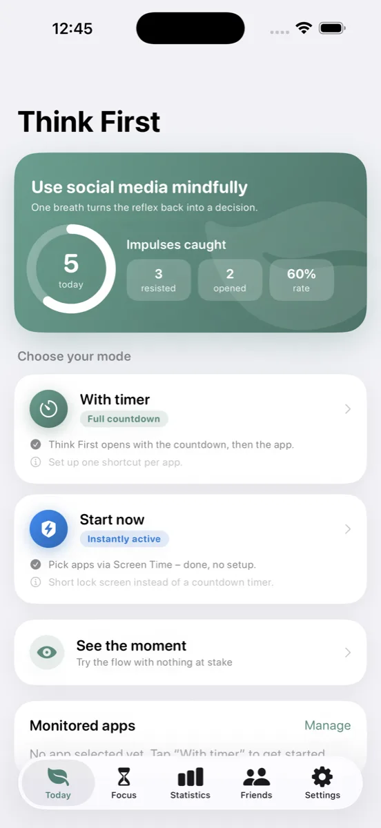 The home screen: today's overview and the monitored apps, each with name and icon.