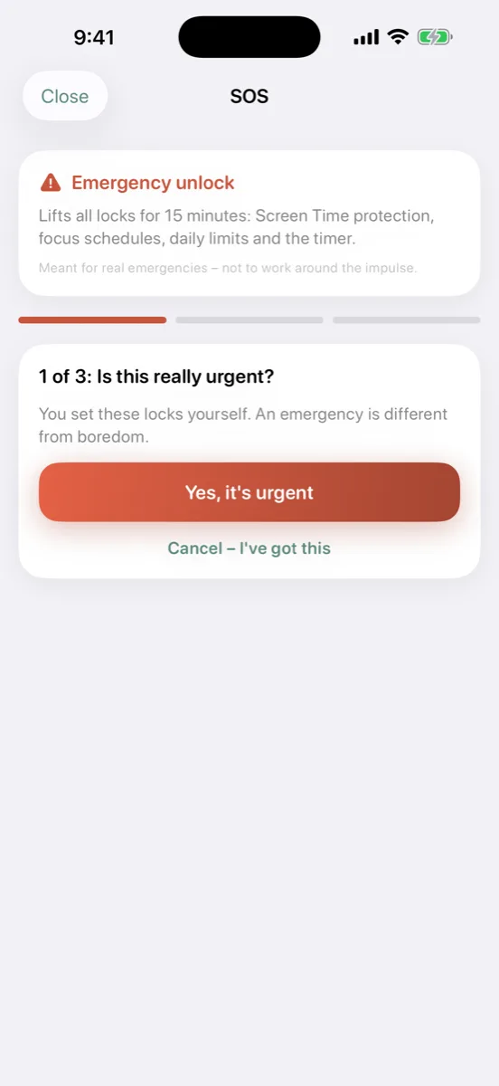 The emergency exit for genuine exceptions: three deliberate confirmations unlock everything for 5 minutes.