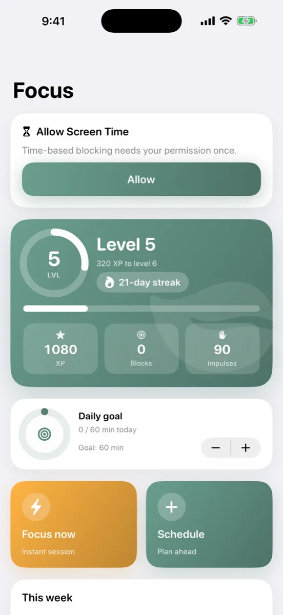 Levels, XP and a daily streak turn focus schedules and screen-time blocking into something closer to a game.