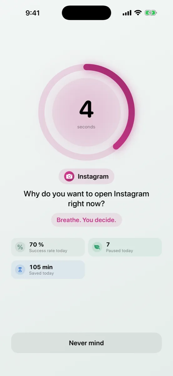 The core moment: a countdown ring, a reflection question, and the user's own note, shown before a chosen app opens.