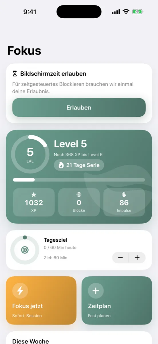 Level, XP und Tages-Serie: Fokus-Zeitpläne und Bildschirmzeit-Blocking werden spielerisch.
