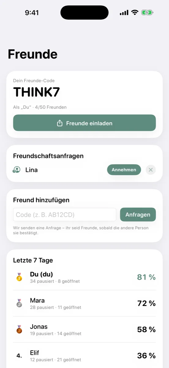 Ein privater Vergleich widerstandener Impulse mit selbst hinzugefügten Freunden, kein öffentliches Ranking.