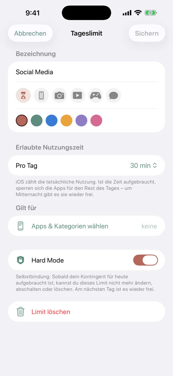 Ein tägliches Zeitbudget pro App oder Kategorie, optional mit „Hard Mode“ gegen spontane Ausnahmen.