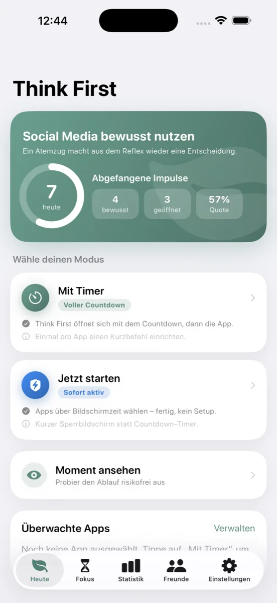 Die Startseite mit Tagesüberblick und den überwachten Apps, jeweils mit Name und Symbol.