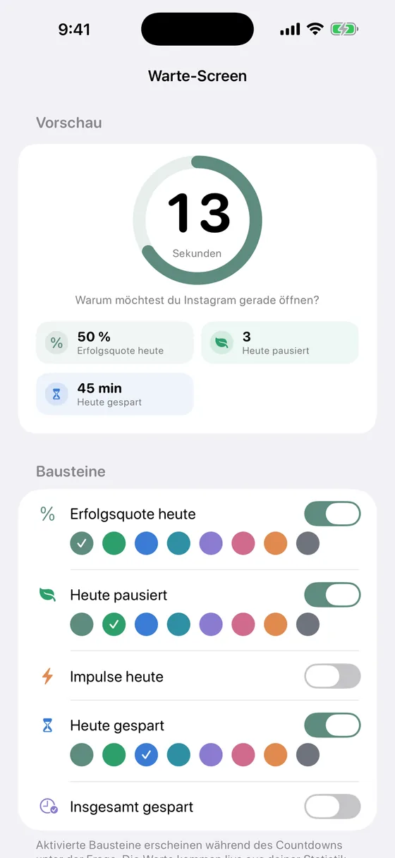 Baukasten für den Wartescreen in Think First mit Countdown-Dauer und eigener Frage.