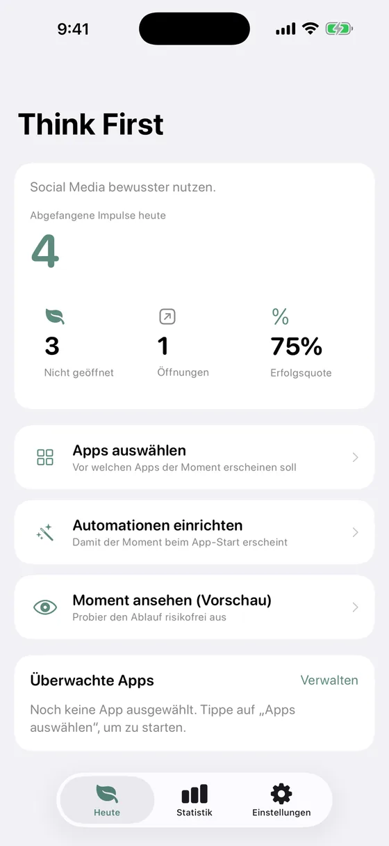 Fokus-Tab von Think First mit Level-Ring, Tagesziel und laufender Fokussitzung.